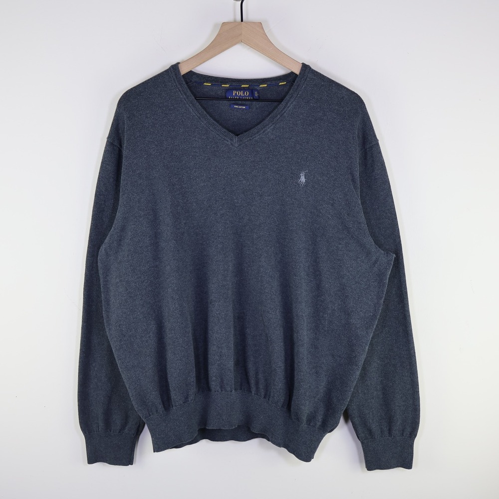 Polo Ralph Lauren Pima Cotton V-Neck Sweater XL Grey Classic Pony Logo Soft Knit